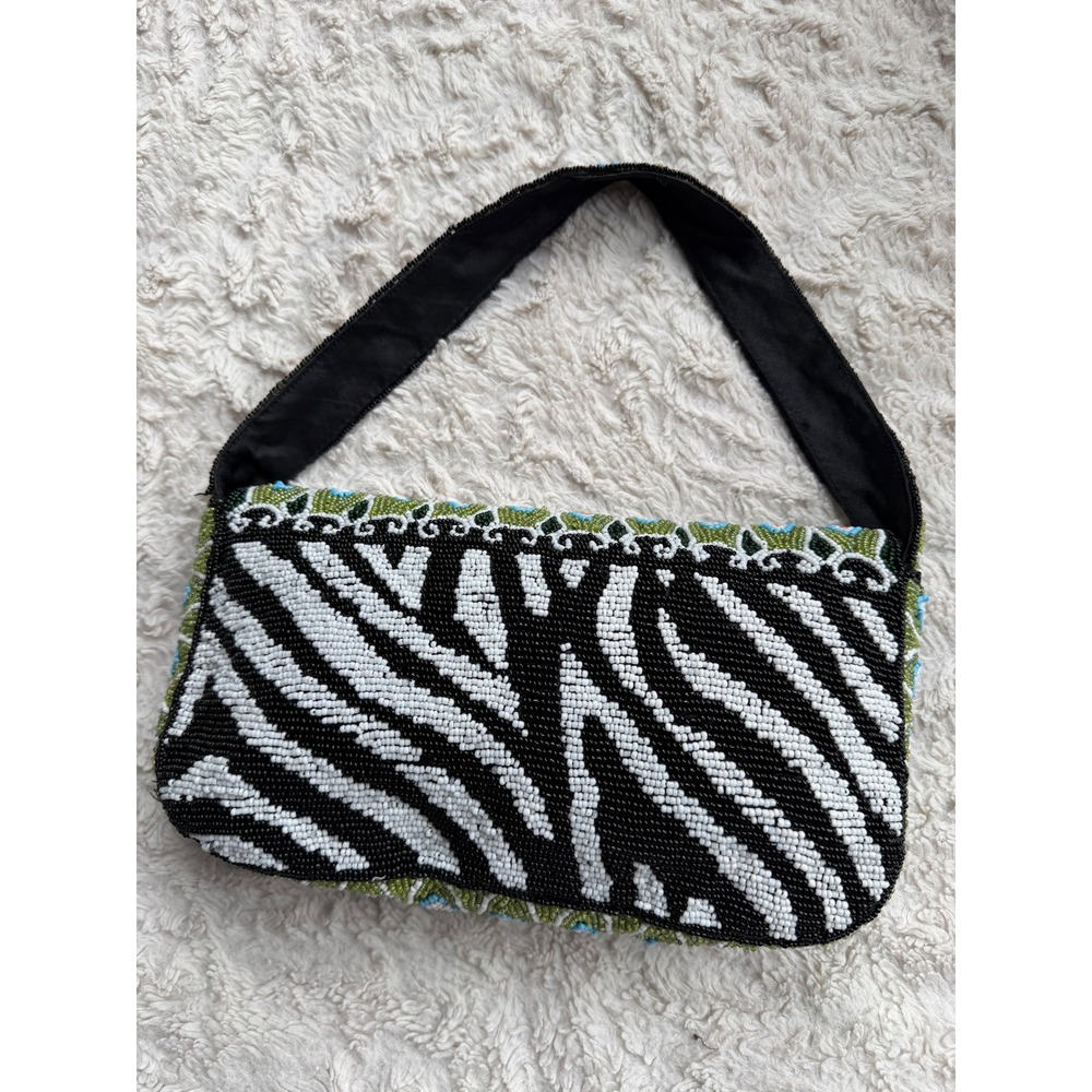 Cache Vintage Y2K Beaded Baguette Shoulder Bag Zebra Geometric Animal Print - Picture 7 of 16